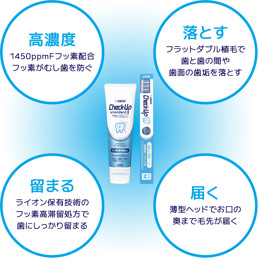 高濃度 1450ppmFフッ素配合フッ素がむし歯を防ぐ 落とす フラットダブル植毛で歯と歯の間や歯面の歯垢を落とす 留まる ライオン保有技術のフッ素高滞留処方で歯にしっかり留まる 届く 薄型ヘッドでお口の奥まで毛先が届く
